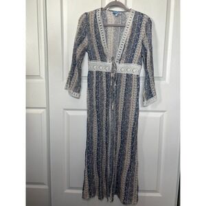 Blue and Cream Women's Long Top